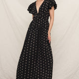V-Neck Ruffle Sleeve Polka Dot Maxi Dress - Black/Ivory