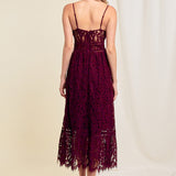 V-Neck Lace Midi Dress - Wine