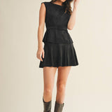Flared Faux Suede Skort - Black