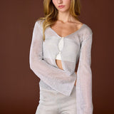 V-Neck Long Sleeve Light Weight Knit Set - Gunmetal