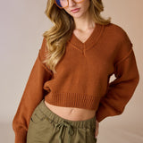 V-Neck Cropped Sweater Top - Cafe
