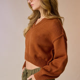 V-Neck Cropped Sweater Top - Cafe