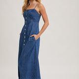 Buttondown Sleeveless Denim Midi Dress - Dark Wash