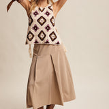 Pleated High Waist A-line Midi Skirt - Khaki