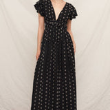 V-Neck Ruffle Sleeve Polka Dot Maxi Dress - Black/Ivory