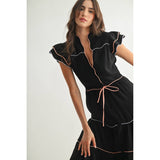 Piped Tiered Midi Dress - Black