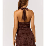Halter Neck Wrap Mini Dress - Brown