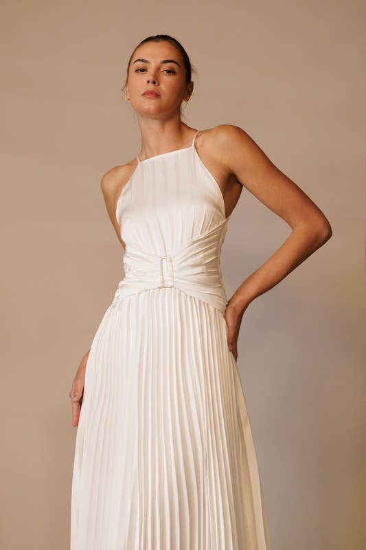 Apron Neck Midi Dress with Corset Waist Off White / M Apron Neck Midi Dress with Corset Waist Off White / M