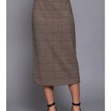 Belted Plaid Column Skirt - Taupe