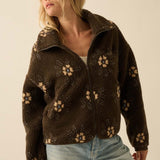 Floral Print Sherpa Fleece Jacket - Chocolate