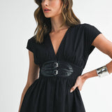 V-Neck Midi Dress with Leather Corset Belt