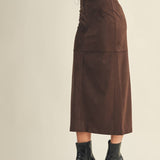 Back Slit Faux Suede Midi Skirt - Espresso