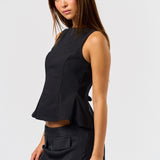 High Neck Open Back Bow Top - Black