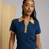 Zuri Vintage Style Polo Sweater - Sapphire/Latte