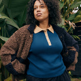 Zuri Vintage Style Polo Sweater - Sapphire/Latte