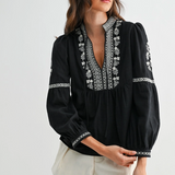 Black Embroidered Boho V-Neck Blouse - Black
