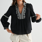 Black Embroidered Boho V-Neck Blouse - Black