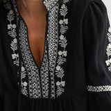 Black Embroidered Boho V-Neck Blouse - Black