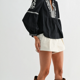 Black Embroidered Boho V-Neck Blouse - Black