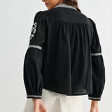 Black Embroidered Boho V-Neck Blouse - Black