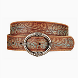 Floral Embossed Leather Belt With Rhinestone Buckle