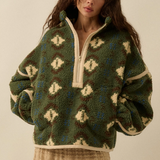 Geo-Print Sherpa Fleece Half-Zip Pullover Jacket - Green Combo