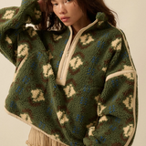 Geo-Print Sherpa Fleece Half-Zip Pullover Jacket - Green Combo