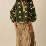 Geo-Print Sherpa Fleece Half-Zip Pullover Jacket - Green Combo