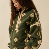 Geo-Print Sherpa Fleece Half-Zip Pullover Jacket - Green Combo