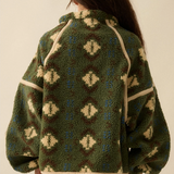 Geo-Print Sherpa Fleece Half-Zip Pullover Jacket - Green Combo