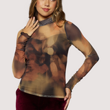 Luminous Shadow Long Sleeve Mesh Top - Brown Multi