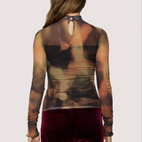 Luminous Shadow Long Sleeve Mesh Top - Brown Multi