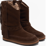 Faye Fringe Pull On Boots- Chocolate Suede