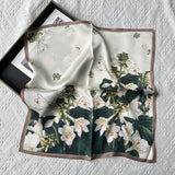 100% Silk Square Scarf - White/Green/Taupe
