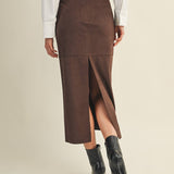 Back Slit Faux Suede Midi Skirt - Espresso
