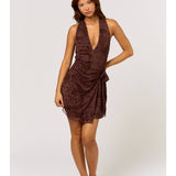 Halter Neck Wrap Mini Dress - Brown