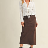 Back Slit Faux Suede Midi Skirt - Espresso