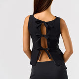 High Neck Open Back Bow Top - Black
