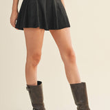 Flared Faux Suede Skort - Black
