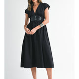 V-Neck Midi Dress with Leather Corset Belt