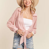 Woven Front Tie Sheer Blouse