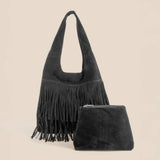 Layered Fringe Detail Suede Hobo Bag - Light Brown