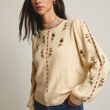 Embroidered Blossom Knit Sweater- Cream Combo