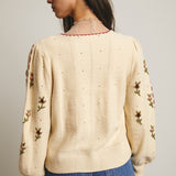 Embroidered Blossom Knit Sweater- Cream Combo