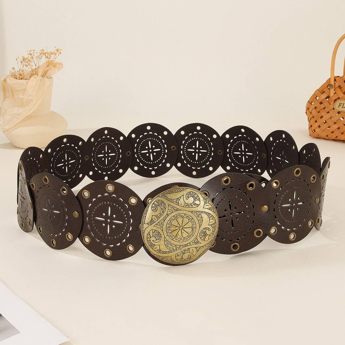 Western Style Circle Brass Buckle Belt