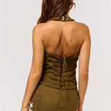Embroidery Halter Suede Top - Olive