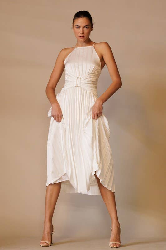 Apron Neck Midi Dress with Corset Waist Off White / M Apron Neck Midi Dress with Corset Waist Off White / M