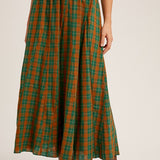 Plaid Cotton Flare Maxi Skirt - Green