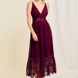 V-Neck Lace Midi Dress - Wine