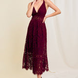 V-Neck Lace Midi Dress - Wine